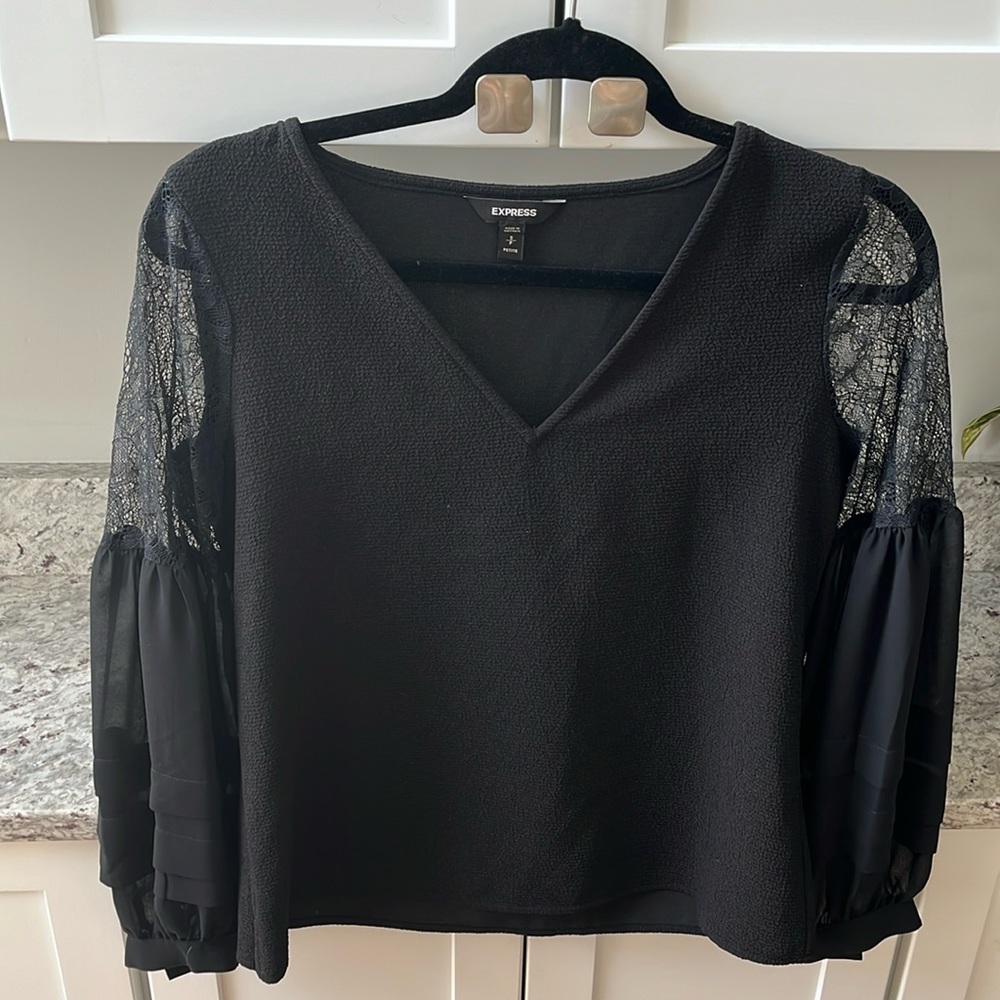 Express Lace & Sheer Long Sleeved V Neck Blouse